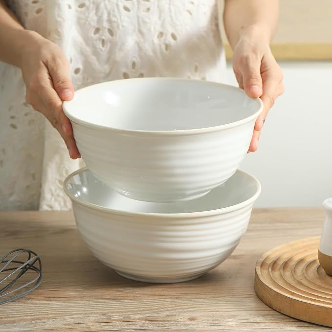 HASENSE Ceramic Serving Bowls, 8.3 Inch Large Soup Bowls for Kitchen, 60 Ounces Salad Bowls for Fruit, Ramen, Pasta, Pho, Microwave Dishwasher Safe, Set of 2, Clay-Infused White
