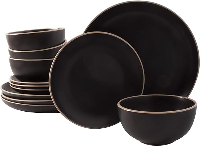 Gibson Home Rockaway 12-Piece Stoneware Dinnerware Set, Service for 4 – Modern Round Plates and Bowls, Dishwasher & Microwave Safe, Black