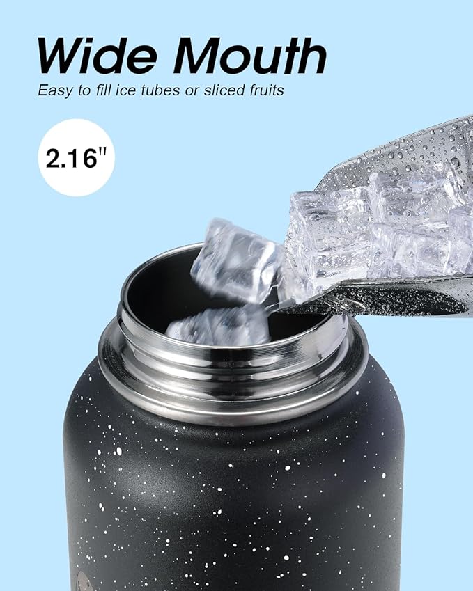 Coolflask Water Bottle 32 oz Insulated with Straw, Stainless Steel Metal 3 Lids Water Flask Wide Mouth for Sports or Office, Non-BPA Keep Cold Up to 48 Hrs or Hot Up to 24 Hrs, Starry Night