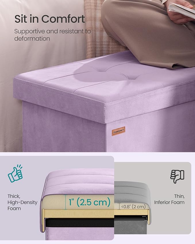 SONGMICS Velvet Storage Ottoman, Folding Storage Bench for Bedroom, Toy Chest, Ottoman Coffee Table, 15 x 29.9 x 15 Inch, Hibiscus Purple, Entryway Shoe Bench, Island Collection ULSF048PE01