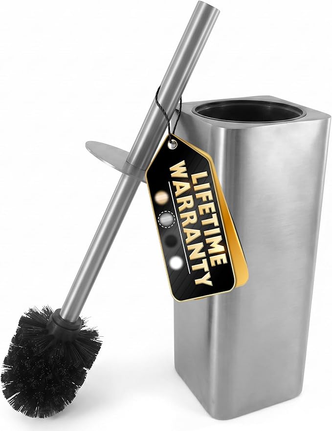 Silver Toilet Brush and Holder Set - Upgrade Your Bathroom in Seconds - Stainless Steel Toilet Bowl Brush and Holder with 2 Rounded Corners, Replaceable Head, Removable Inner Bowl & Splash Guard Cover