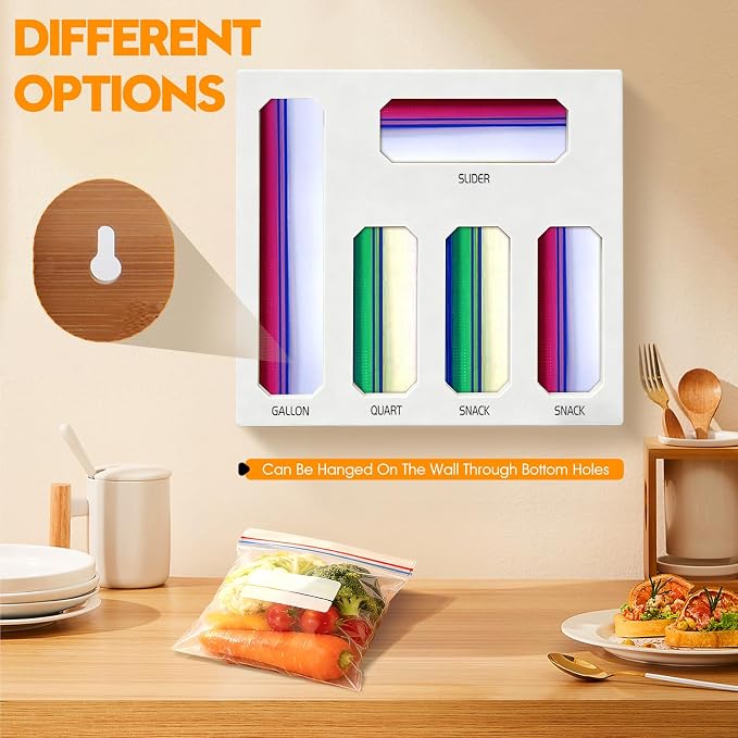 Bamboo Ziplock Bag Storage Organizer for Drawer -White, 5 in 1 Baggie Organizer with 24 Labels - Fits Gallon, Quart, Sandwich & Snack Bags - Wall Mountable Kitchen Drawer Organizer, 3in