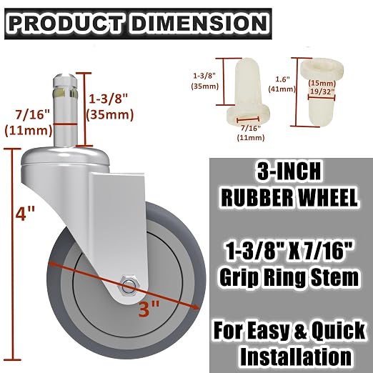 RILIDRI 3-Inch Swivel Stem Caster, 7/16-Inch Stem Diameter Rubber Wheel, Heavy Duty TPR Replacement Wheels for Rubbermaid Mop Bucket Cart Grill Casters - 8 Pack