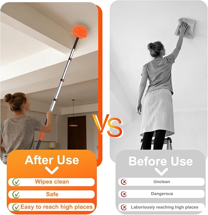 LAANPOLE 20FT Reach Dusters for Cleaning, Ceiling Fan Cleaner Duster with Extension Pole, Wall and Baseboard Cleaner Mop with Handle for Window Cobweb Fan Blade and High Ceiling