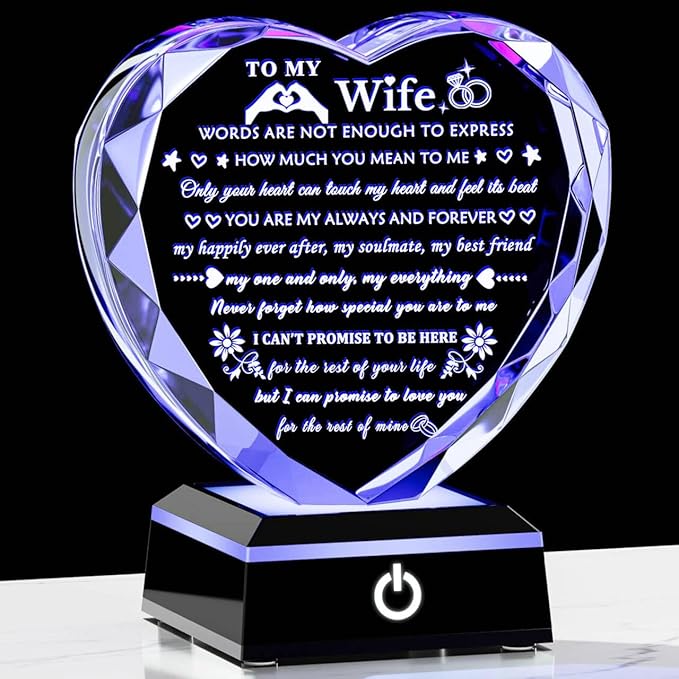 Arikyrist Romantic Wife Gifts from Husband with Colorful LED Base Anniversary Birthday Gift for Wife Crystal Keepsake I Love You Gifts for Her on Mothers Day Valentine Christmas