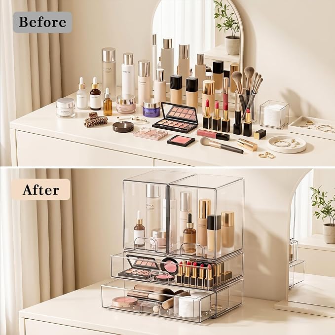 Clear Stackable Storage Drawers: Baby Bottle Storage Organizer, Acrylic Bottles Station Organizer Container for Countertop, Vanity, Bathroom, Cabinet Organization - 4 Pack