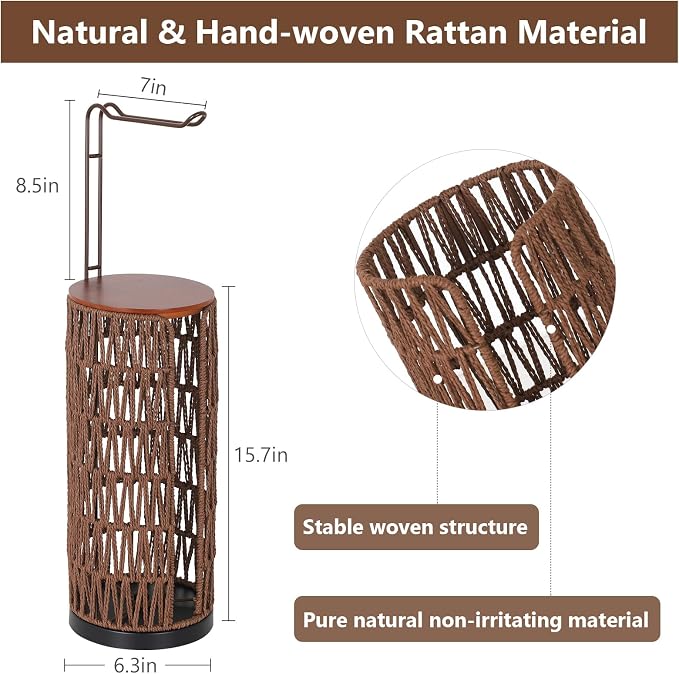 Trongee Freestanding Toilet Paper Holder with Storage,3 Rolls of Rattan Tissue Holder for Bathroom,Woven Toilet Paper Roll Holder Stand,Boho Bathroom Decor Farmhouse Toilet Paper Storage-Deep Brown