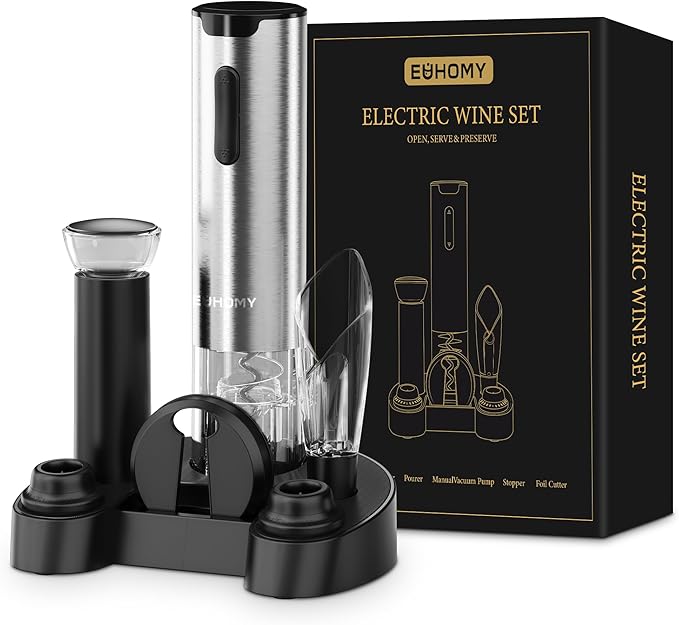 EUHOMY Electric Wine Opener with Charging Base, Wine Aerator Pourer and Foil Cutter, Stainless Steel Automatic Corkscrew Opener with Wine Vacuum Stopper, Fine Set for Wine Lovers