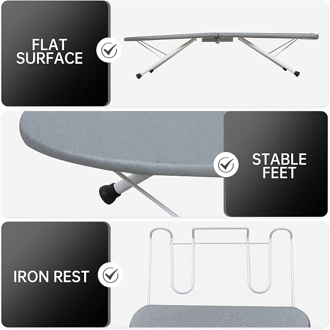 ZOES HOMEWARE Tabletop Ironing Board,Portable Iron Board with Iron Rest, Foldable Small Ironing Board with Heat Resistant Cover and 100% Cotton Pad, 31.5"x11.8"x7", Grey