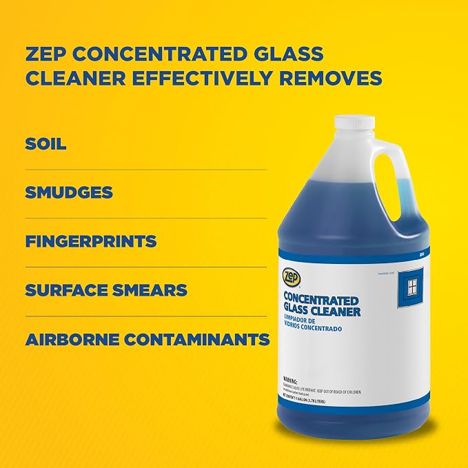 Zep Concentrated Glass Cleaner - 1 Gallon (Case of 4) 105225 - Heavy-Duty Formula for Removing Fingerprints, Dirt, Soil, Dust, Surface Smears, and Grime