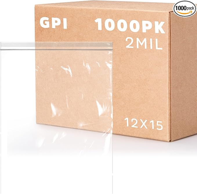 GPI - 12" x 15" Zip Bags, 1000 Count, Clear Plastic Reclosable Zipper Poly Baggies, with Resealable Zip Top Lock. for Freezer, Apparel, Clothing, Food, Home & Office Supplies.