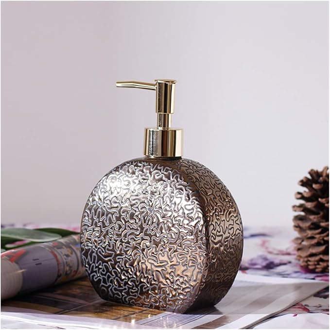 Art Deco Metallic Bronze Ceramic Soap Dispenser with Gold Pump - Elegant Round Refillable Bottle for Luxury Bathroom Decor