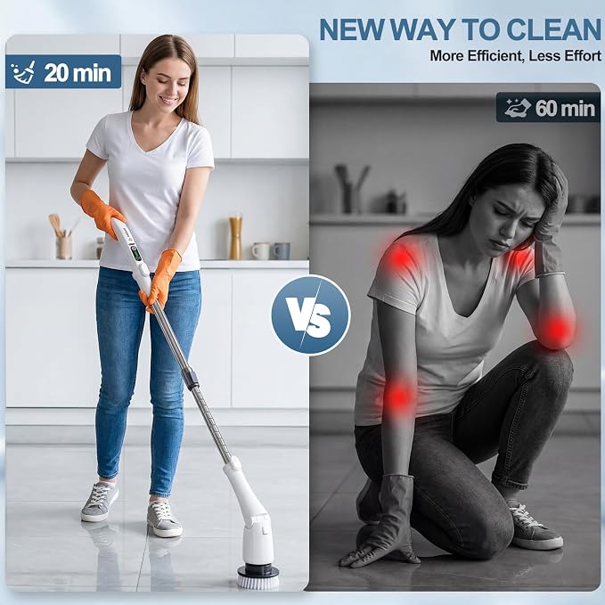 Cordless Electric Spin Scrubber with Extendable Long Handle | 3 Speed Modes, LED Light, 7 Replaceable Brush Heads, Works for Bathroom, Tub, Floor, Tile, Grout Cleaning