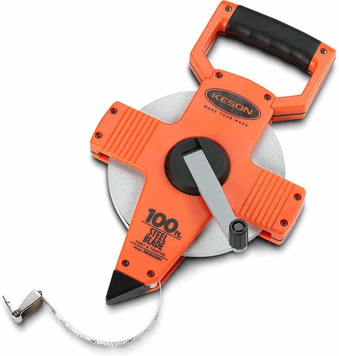 Keson NR10100H Nylon Coated Steel Blade Measuring Tape with Zero Point at Tape End and Hook End (Graduations: 1/10, 1/100), 100-Foot