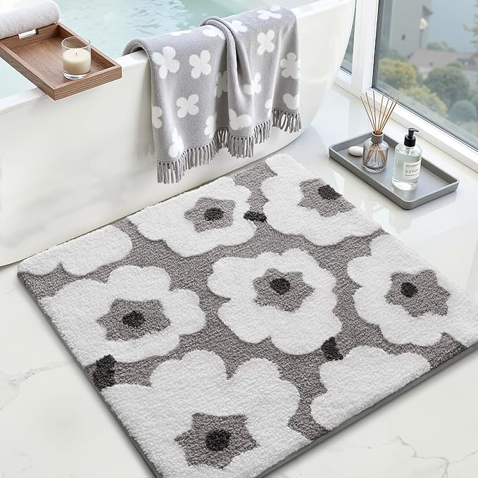 LUMI Floral Bath Mat, Soft Absorbent Square Bath Rug, Non-Slip Quick Dry Luxury Rug, Machine Washable Rugs for Bathroom Floor, Bathtub, Living Room, Home Decor, White Grey, 26"x26"