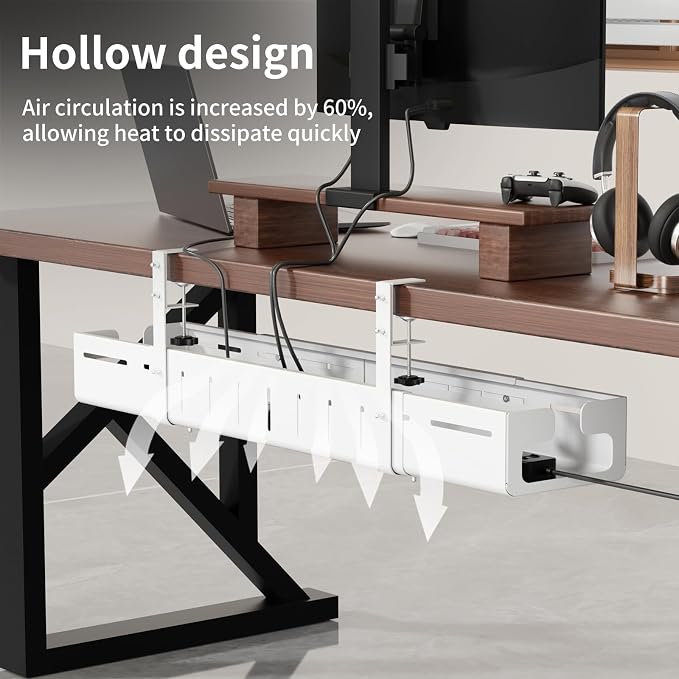 Under Desk Cable Management, Expandable 25.2"–38.6" Cable Management Under Desk No Drill, Heavy Duty Carbon Steel with Clamp, Hidden Cord Organizer for Desk, Home Office Standing Desk White