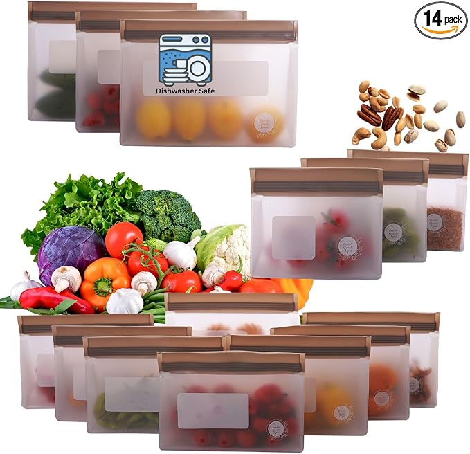 Reusable Food Storage Bags – 14-Pack Stand-Up, BPA-Free, Freezer, Dishwasher Safe & Eco-Friendly – 3 L, 8 M, 3 S Bags – Airtight Leakproof, Sandwich, Snack, and Meal Prep Baggies (Grey)