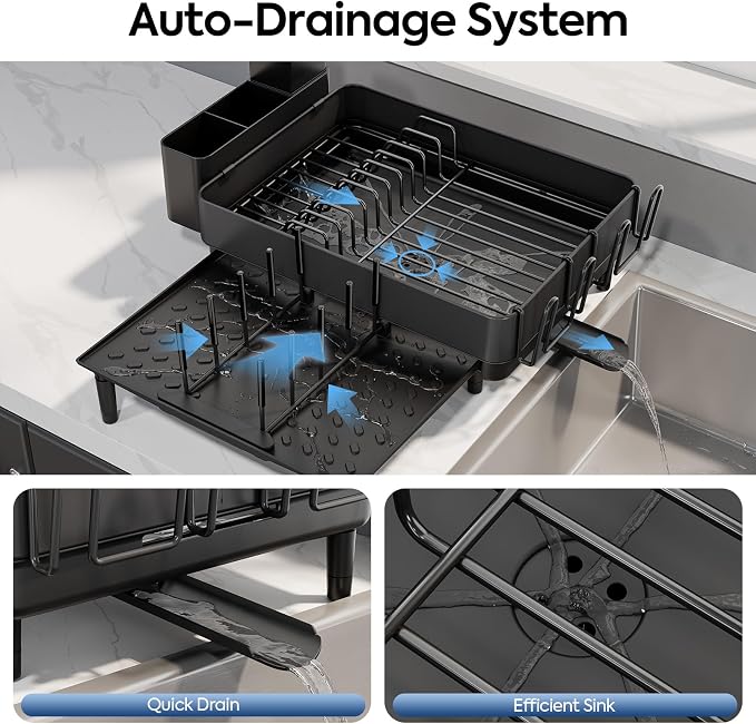Urackify Expandable Dish Drying Rack, Stainless Steel, Large Capacity | Multifunctional Drainboard for Kitchen Countertop, Removable Cutlery Tray, Foldable Cup Holder, 20.4"L x 20"W, Black