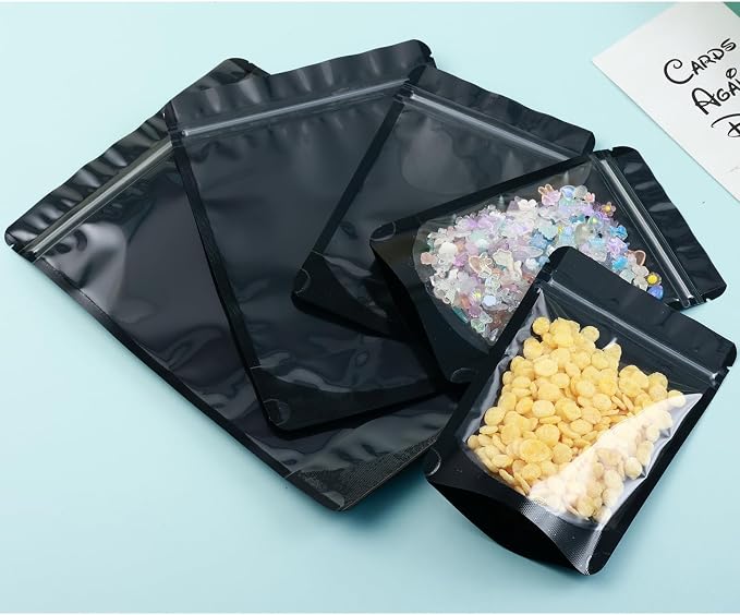 200 Mylar Bags for Food Storage 5X8 Mylar Bags with Window Candy Packaging Resealable Bags Black Stand Up Pouches Edible Packaging for Small Business