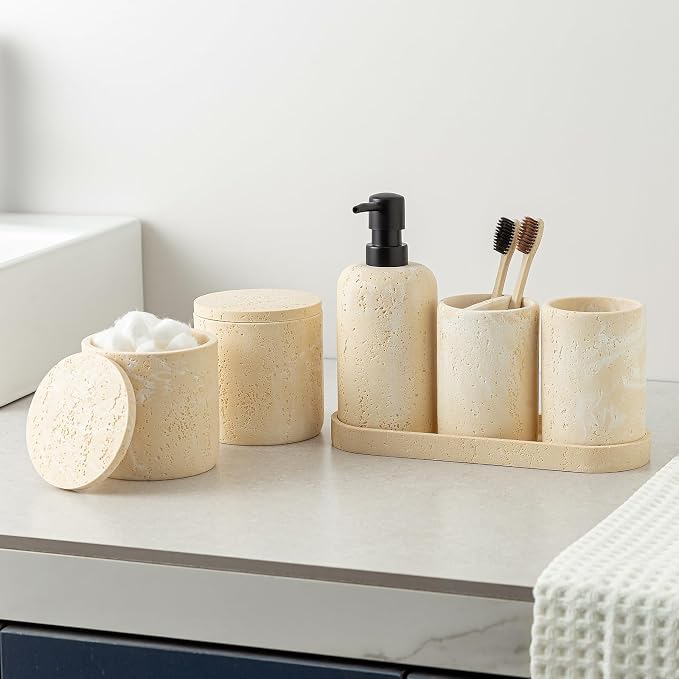 Bathroom Accessories Set, Travertine Stone-Look, 6 PCS, Yellow | Bathroom Accessory Set with Soap Dispenser, Toothbrush Holder, Tumbler, Vanity Tray, Cotton Swab Jars for Countertop