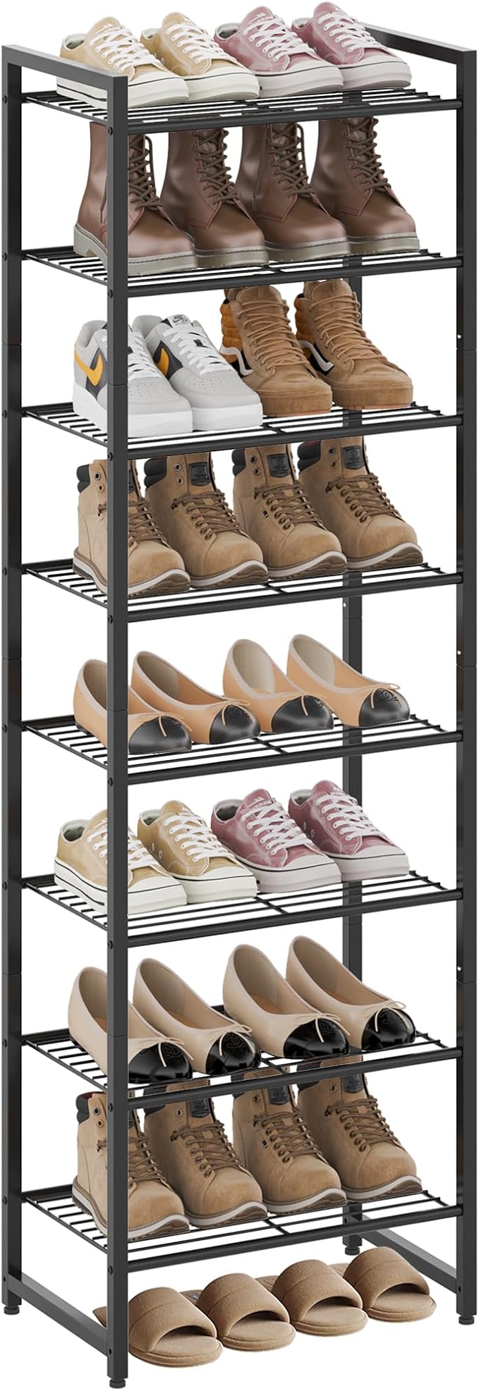 Nunsino Narrow Shoe Rack, 8-Tier Metal Shoe Organizer,Tall Shoe Shelf with Anti-Tip Strap, Max Holds 18 Pairs,Space Saving for Closet,Entryway,Black