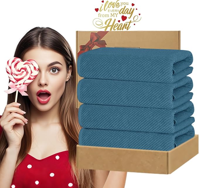 VOOVA & MOVAS Bath Towels 4PC, 100% Cotton, 30x56 in, Denim Blue | Thick, Soft, Absorbent, Quick Dry, Luxury Bathroom Essentials, Great For Daily Shower, Face Care, Gym