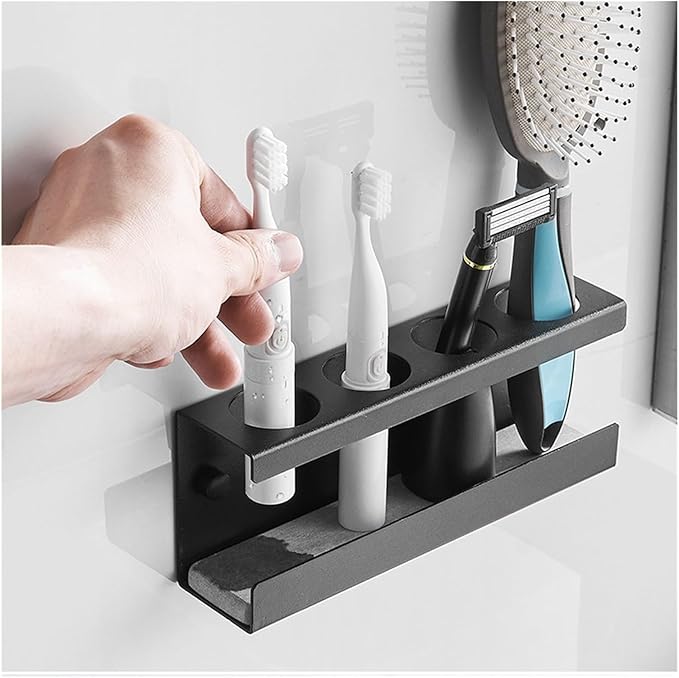 Toothbrush Rack Aluminum Toothbrush Holder Wall-Mounted Gun Gray Toothpaste Holder 4-Slot Storage Rack Easy to Install Without Drilling Bathroom Toothbrush Holder(S20cm)