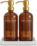 Luxury Glass Hand and Dish Soap Dispenser Set with Tray by Brighter Barns - Kitchen Soap Dispenser with Tray and Pump for Kitchen Sink - Luxury Home Decor for Airbnb, Restaurant, Hotel (Amber/Gold)