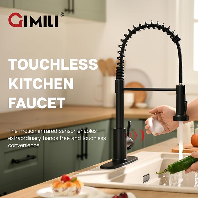 GIMILI Black Touchless Kitchen Faucet with AC Adapter, Smart Motion Sensor Hands Free Single Handle Kitchen Sink Faucet with Pull Down Sprayer, Matte Black