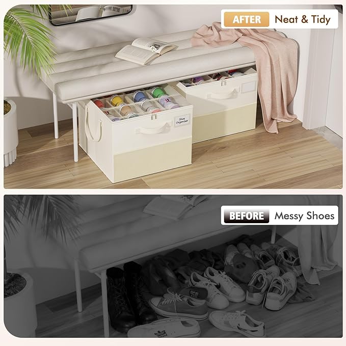 NestOrganix 2 Pack Shoe Organizer for Closet, Large Shoe Box Storage Containers, Foldable Shoe Storage Organizer Box Bin with Adjustable Dividers and Clear Cover, Space Saving Shoes Holder, Beige