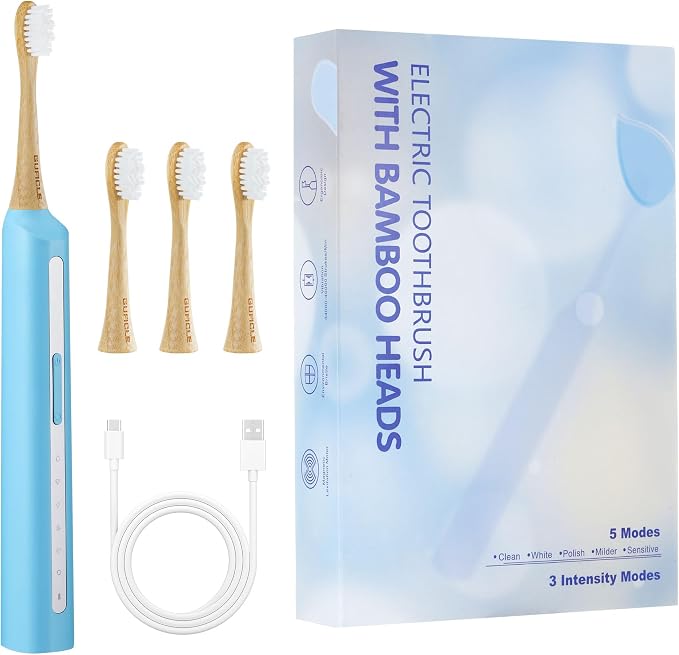 Sonic Electric Toothbrush with Bamboo Heads, Light Blue | Bamboo Electric Toothbrush, Soft Castor Oil Bristles, Smart Timer, 40000 VPM, 5 Modes, IPX7 Waterproof, 45-Day Battery Life