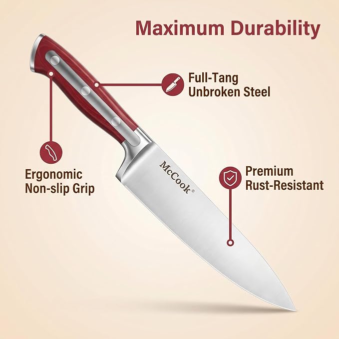 McCook Knife Set Red Kitchen Knife Block Set w Built-in Sharpener | German Forged Stainless Steel,15 PC,Razor Sharp, Anti-Rust,Ergonomic Handle,Full Tang,Vibrant Red, Gift Box
