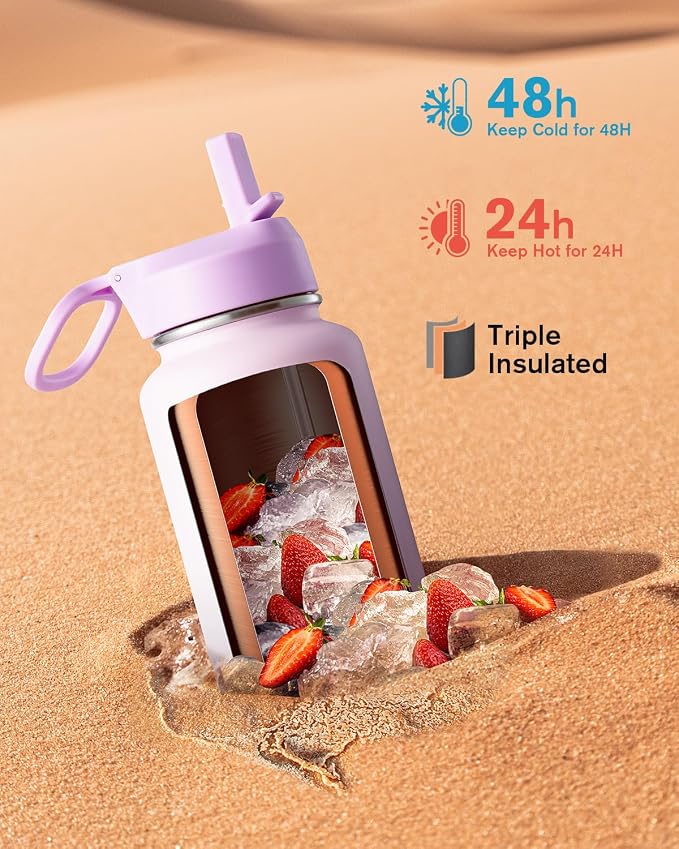 Coolflask Water Bottle 40 oz Insulated with Straw, Stainless Steel Metal 3 Lids Water Flask for Sports or Office, Keep Cold 48H Hot 24H, Pink