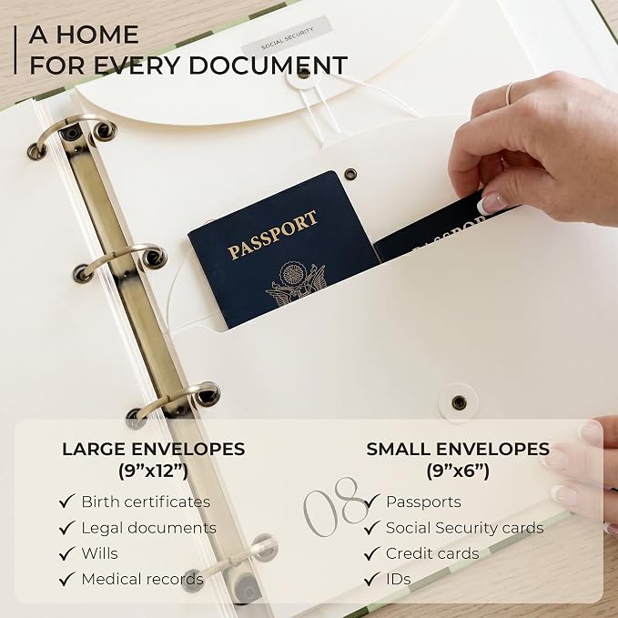 Document Organizer Binder for Important Papers & Passports, Olive