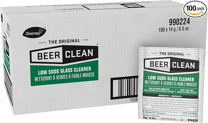 BEER CLEAN Diversey 990224 Low Suds Glass Cleaner for Electric Brushing, Portion Control Bar Glass Washing Powder, Unscented, Packet, 0.5-Ounce (Pack of 100)