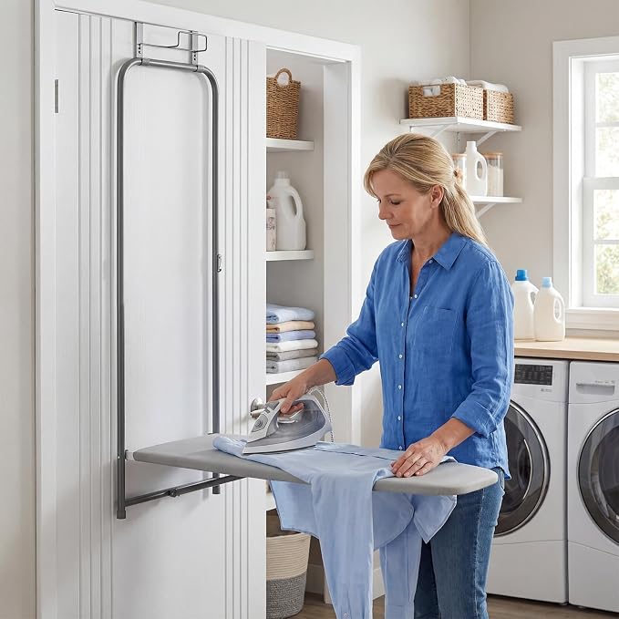 COSTWAY Over the Door Ironing Board, Space-Saving Metal Hanging Iron Board | Iron Holder & Cotton Cover, Compact Fold Down Iron Stand for Home, Apartment, Laundry Room, Dorm (35"L x 17"W x 47"H)