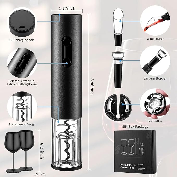 Electric Wine Opener Set Rechargeable, Automatic Corkscrew Set, Including Black Metal Wine Glasses of 2, Stainless Steel Wine Goblet, Ideal Gift for Wedding, Wine Lover, Birthday, Girl, Men