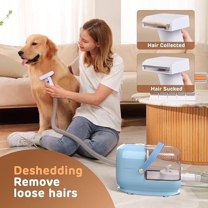 HEAPETS Dog Grooming Vacuum Kit - 3L Vacuum with 7 Tools, Low Noise Electric Clipper and Brush for Pet Shedding at Home, Blue