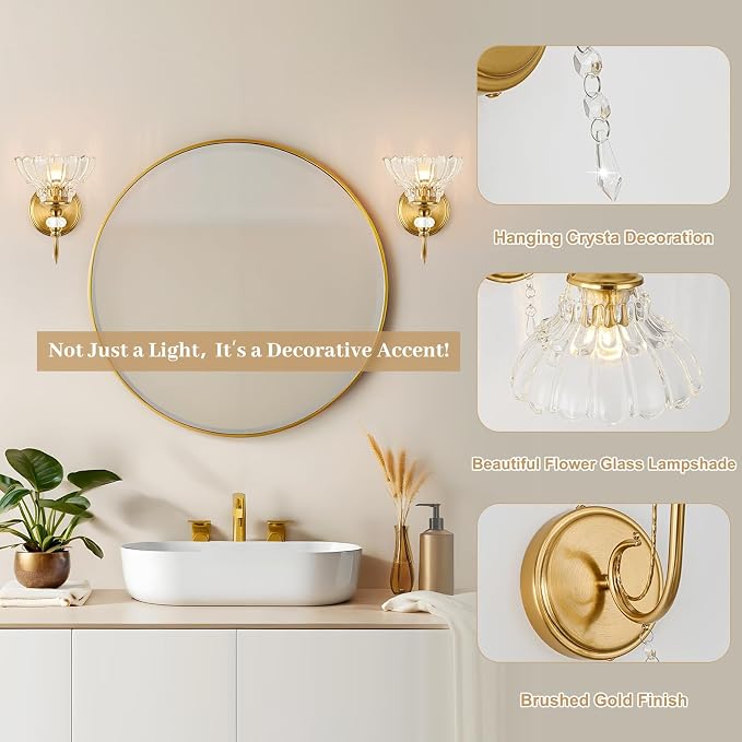 1 Piece Vintage Wall Sconce, 1-Light Brushed Gold Finish Wall Sconce with Hanging Crystal Accents and Flower-Shaped Clear Shades for Bathroom Bedroom Living Room,Vintage Vanity Light