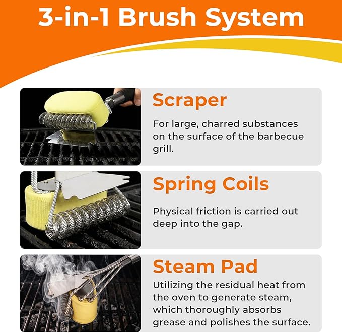 Bristle Free Grill Brush, 3 in 1 Steam Cleaner Brush with Extra Replacement Head, Heavy Duty BBQ Grill Brush for Outdoor Grill