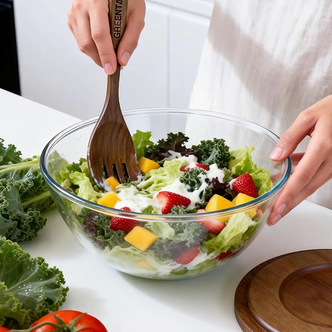 Greentainer Glass Salad Bowl with Wood Lid as Cheese Charcuterie Board and Plate,152oz Large Serving Bowl & Storage Bowl Sets with Wood Utensils - Dishwasher Safe