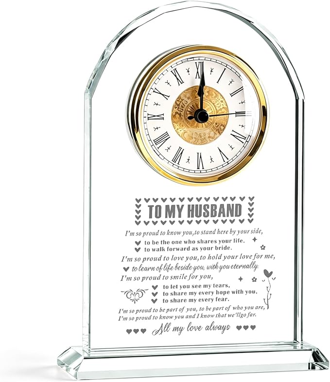 Crystal Glass Clock Gifts for Husband from Wife Romantic Birthday Home Decorations Wedding Anniversary Valentines Day Fathers Day Gift (Battery not Included)