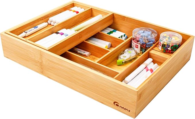 COIWAI Double Layer Bamboo Drawer Organizer Cutlery Utensil Silverware Drawer Organizer, cutlery Silverware Tray for Drawer, Utensil Holder Drawer Dividers for Flatware (L: 16.85 × 12.2 in)