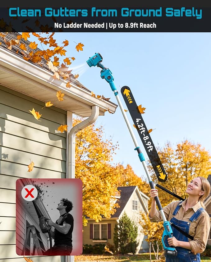 Gutter Cleaning Tools Cordless Leaf Blower for Roof Gutters, 700CFM/200MPH | 3-Speed, 2x 4.0Ah Batteries, 8.9ft Telescopic Pole & 180° Swivel, Clean Gutters from Ground Safely, for Lawn, Patio, Snow