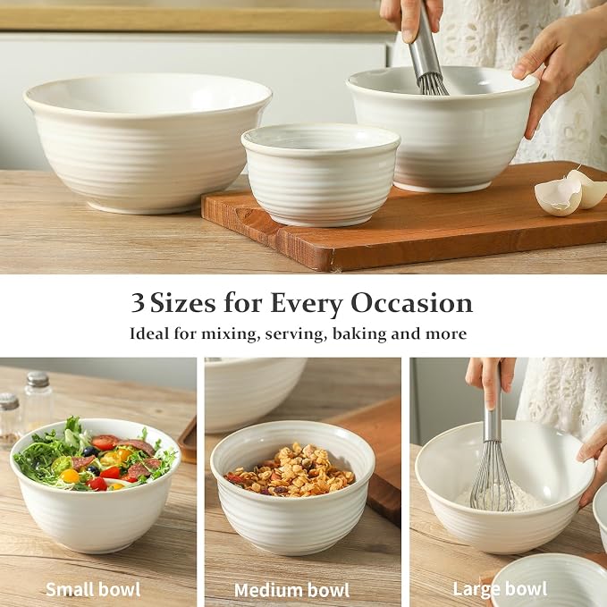 Hasense Ceramic Mixing Bowls, 2.1/1.5/1.0/0.5 Qt, Nesting Bowls for Cooking, Baking, Serving Dishes for Salad, Fruits, Popcorn, Dishwasher & Microwave Safe, Set of 4, Clay-Infused White