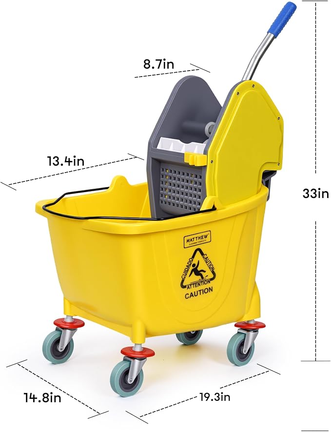 MATTHEW CLEANING 34Quarts Commercial Mop Bucket INCL.Wet String Mop with Down Press Wringer On Wheels,Industrial Heavy-Duty Floor Cleaning w/Handle, Mop Bucket for Home,Offices,Commercial, Restaurants