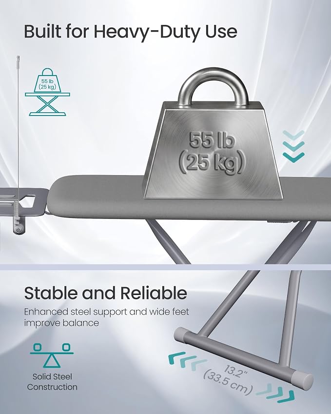 SONGMICS Folding Ironing Board, 13x43, 7-Level Adjustable Height Iron Board with Iron Rest, Cord Holder, Storage Rack, Steel, for Laundry Room, Gray, Borix Collection ULLB008GD01S