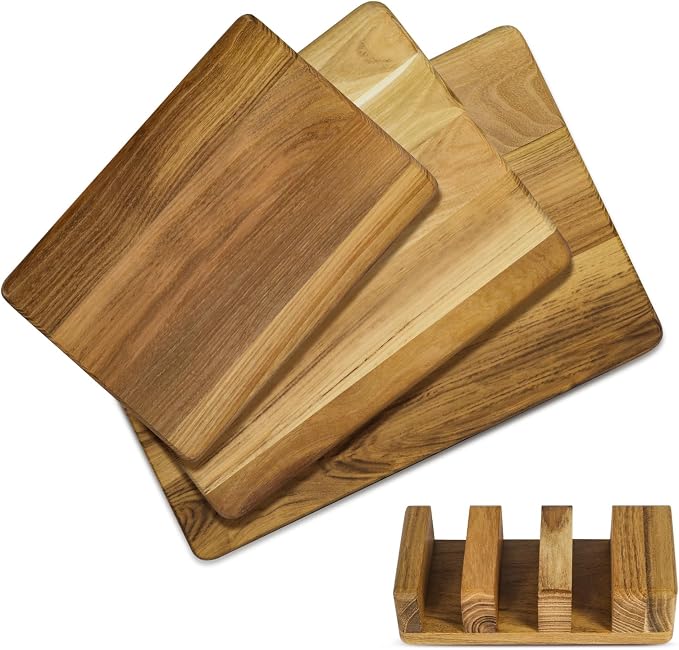 Teak Wood Cutting Boards for Kitchen (Set of 3), No Juice Groove Chopping Board Charcuterie Cheese Board with Storage Stand