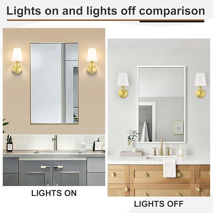 Modern Bathroom Vanity Light, Brushed Gold Bathroom Light Fixtures, Set of 2 Lighting Fixtures Over Mirror, Modern Wall Sconce with Flared White Fabric Shade, E26 Socket(ETL Listed)