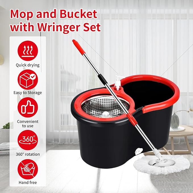 Operable 360 ° Rotating Mop Bucket Set,Mop and Bucket with Wringer Set,with 3 Microfiber Replacement Head,Stainless Steel Mop Bucket 61 Inch Adjustable Handle Household Cleaning Tools（2 Sets